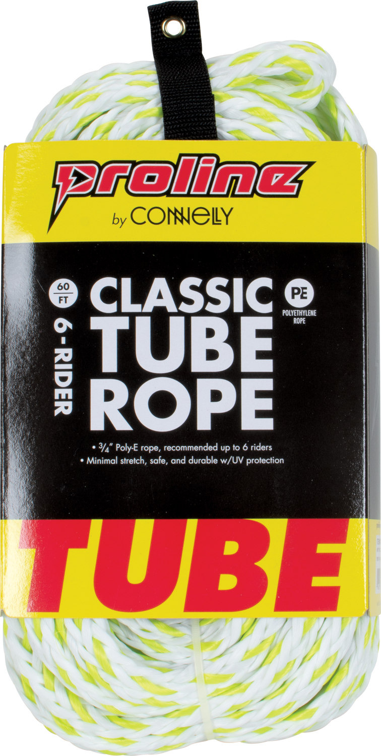 Packaged 6-Rider Classic Tube Rope, 60ft, in yellow and green with black and yellow label.