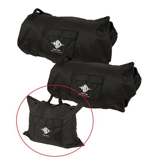 Front view of the Tube Tote in black nylon with a front pocket and HO logo, small size circled in red.