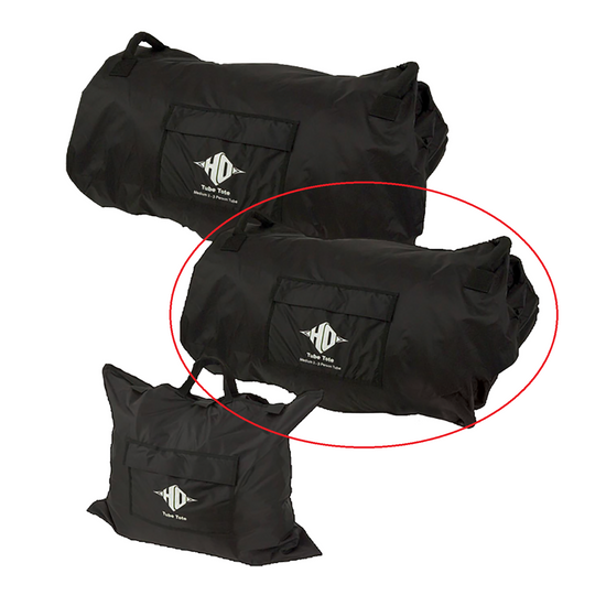 Front view of the Tube Tote in black nylon with a front pocket and HO logo, medium size circled in red.