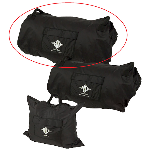 Front view of the Tube Tote in black nylon with a front pocket and HO logo, large size circled in red.