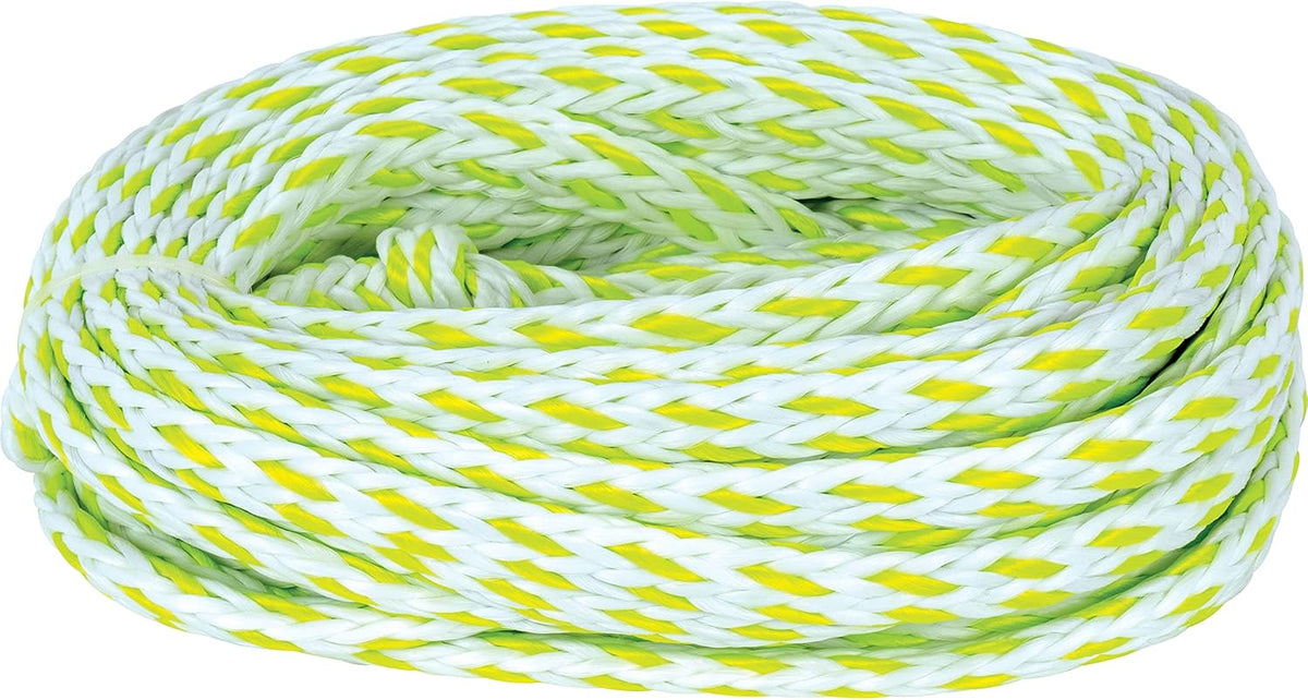Coiled 6-Rider Classic Tube Rope with white, yellow, and green braided design.