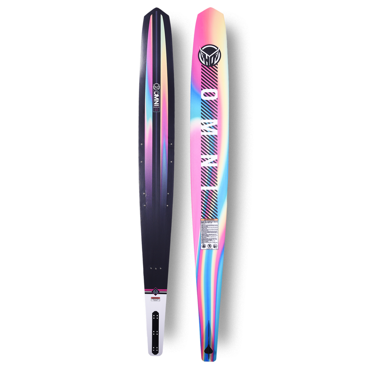 Front and back view of Womens OMNI slalom ski with dark base and holographic pink-to-blue gradient graphic.