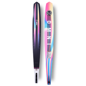 Front and back view of Womens OMNI slalom ski with dark base and holographic pink-to-blue gradient graphic.