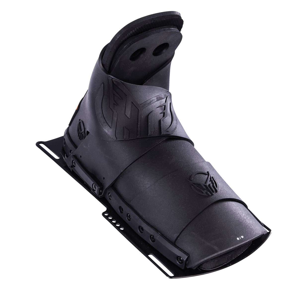Angled view of Animal Front ski boot in black with embossed HO logo and mounting plate.