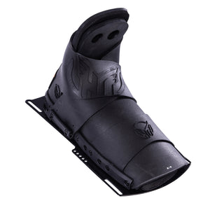 Angled view of Animal Front ski boot in black with embossed HO logo and mounting plate.