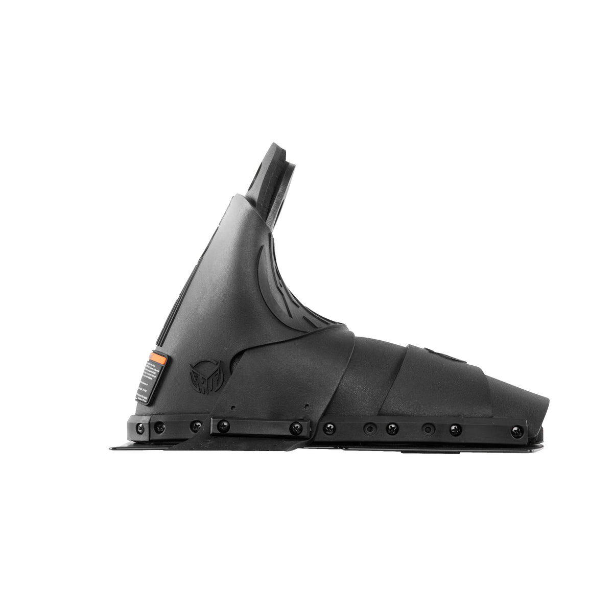 Left side view of Animal Front ski boot in black with embossed HO logo and mounting plate.