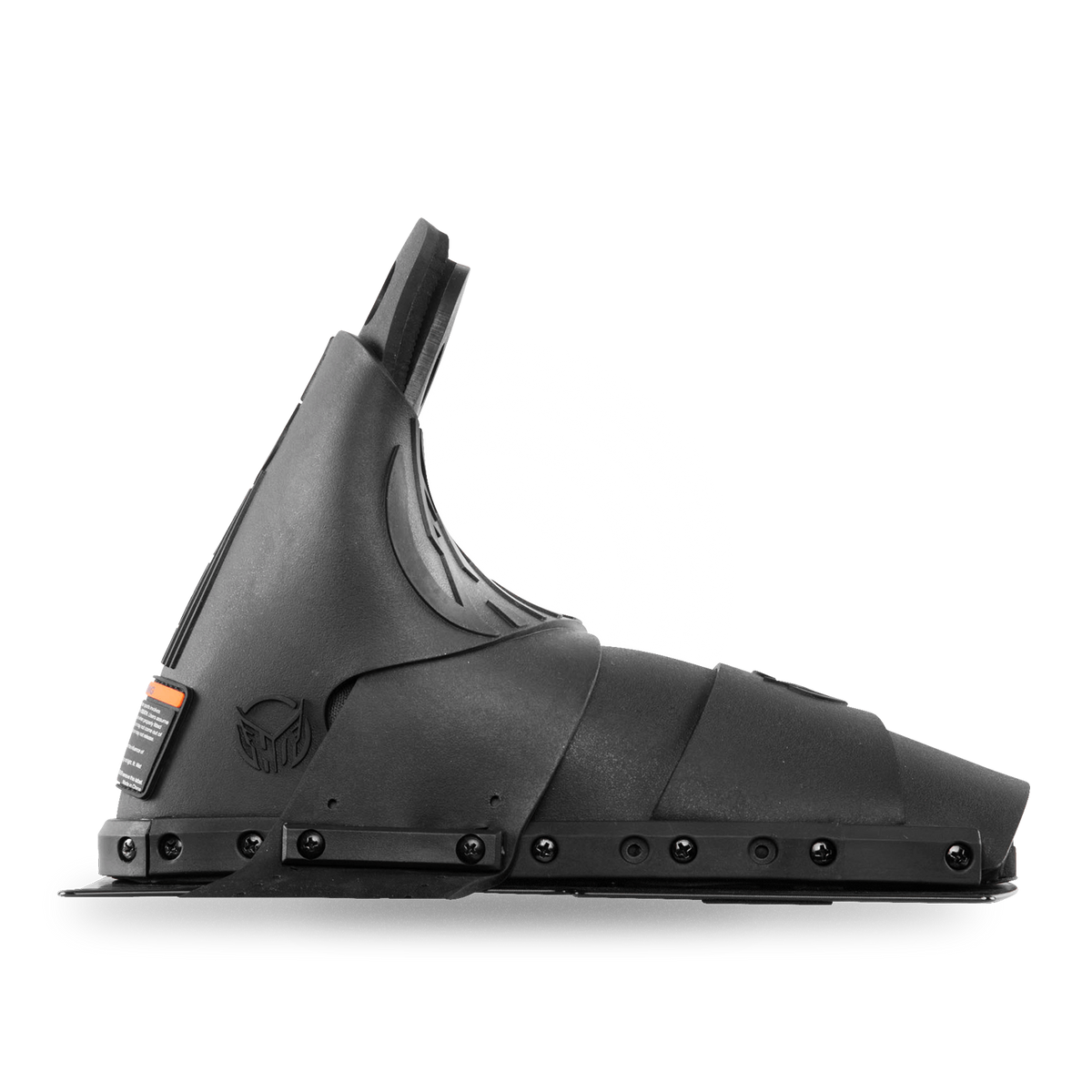 Side view of Animal Front ski boot in black with embossed HO logo and mounting plate.