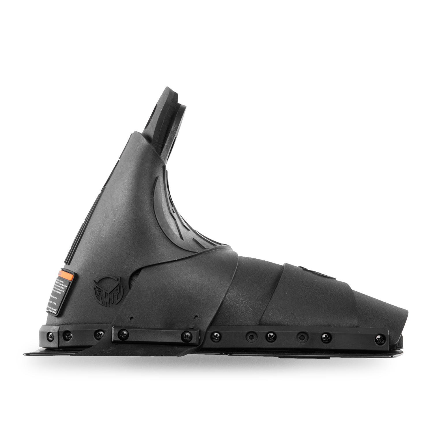 Side view of Animal Front ski boot in black with embossed HO logo and mounting plate.
