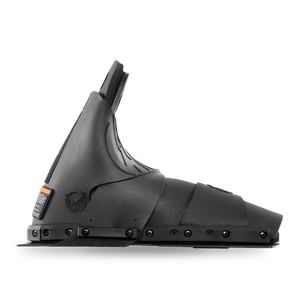 Side view of Animal Front ski boot in black with embossed HO logo and mounting plate.