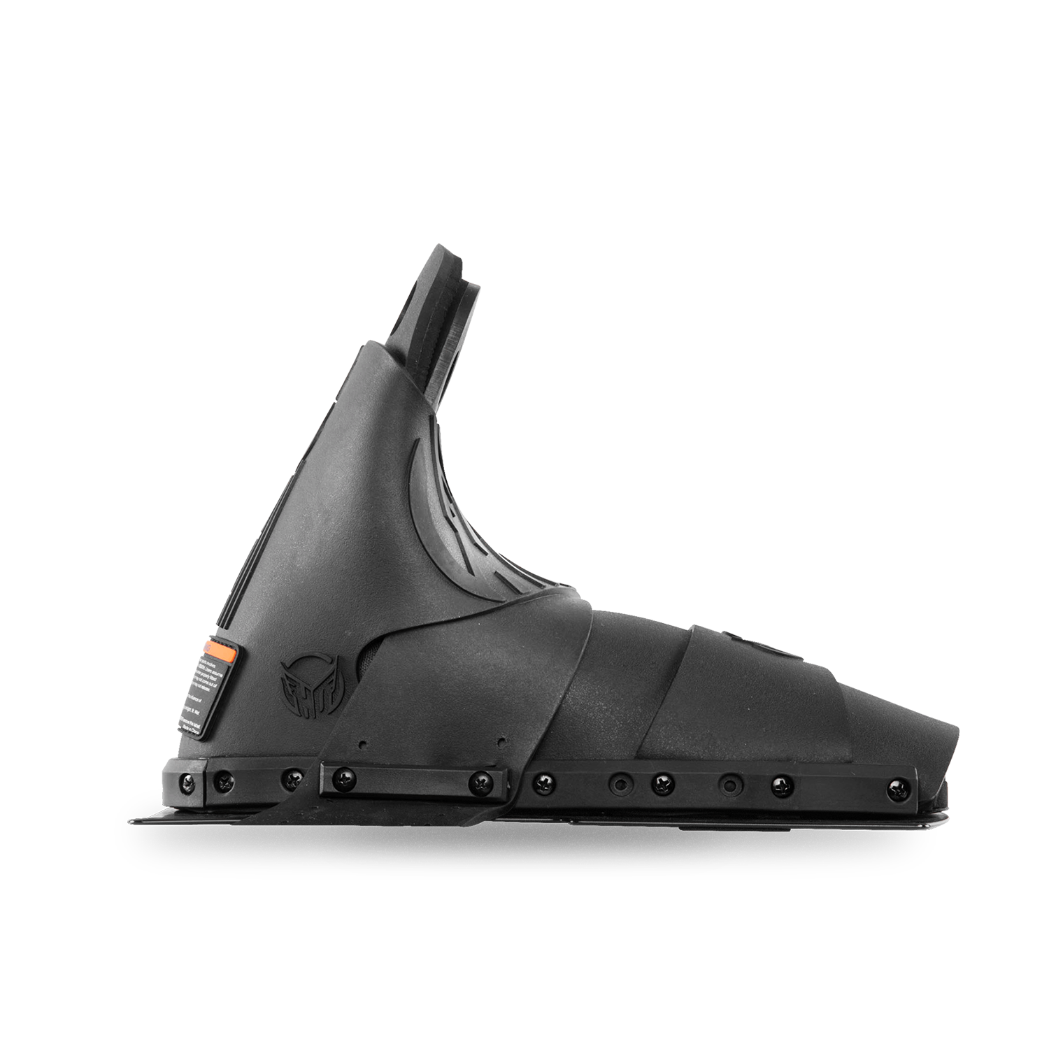 Side view of Animal Front ski boot in black with embossed HO logo and mounting plate.