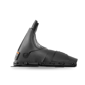 Side view of Animal Front ski boot in black with embossed HO logo and mounting plate.