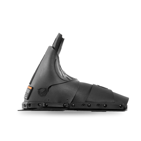 Side view of the Animal Front boot, all-black molded hardshell on a mounting plate with HO shield logo.
