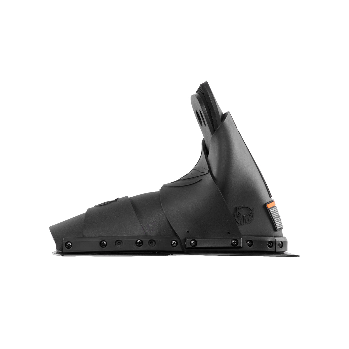 Right side view of Animal Front ski boot in black with embossed HO logo and mounting plate.