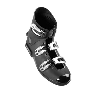Angled view of Syndicate Hardshell Boot in black with silver buckle closures.
