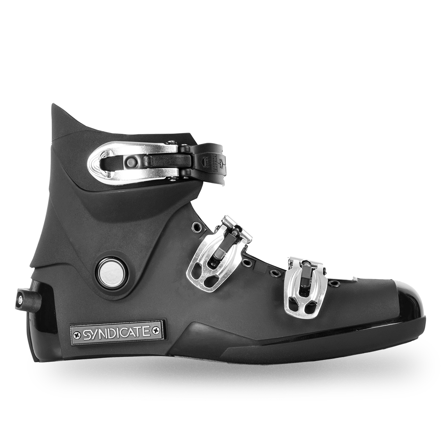 Side view of Syndicate Hardshell Boot in black with Syndicate logo and silver buckle closures.