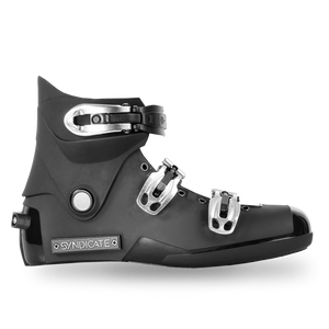Side view of Syndicate Hardshell Boot in black with Syndicate logo and silver buckle closures.