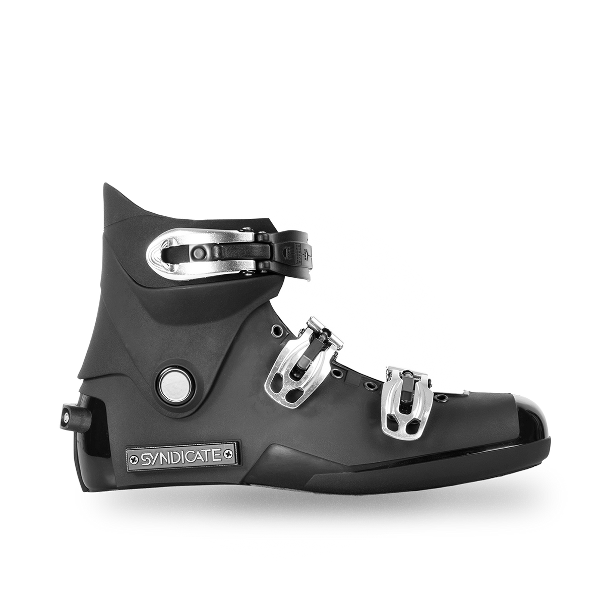 Side view of Syndicate Hardshell Boot in black with Syndicate logo and silver buckle closures.