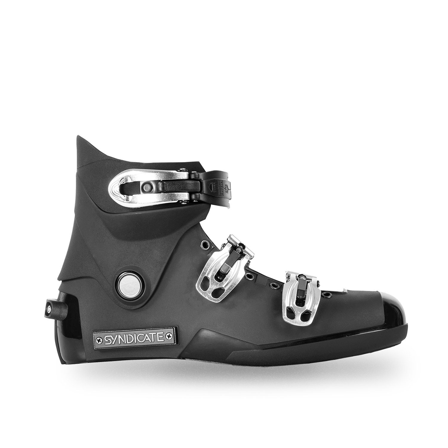 Side view of Syndicate Hardshell Boot in black with Syndicate logo and silver buckle closures.