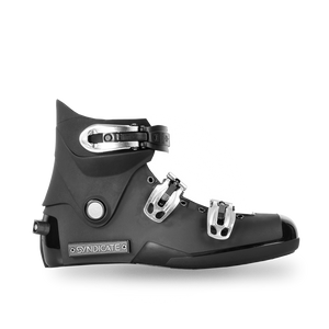 Side view of Syndicate Hardshell Boot in black with Syndicate logo and silver buckle closures.