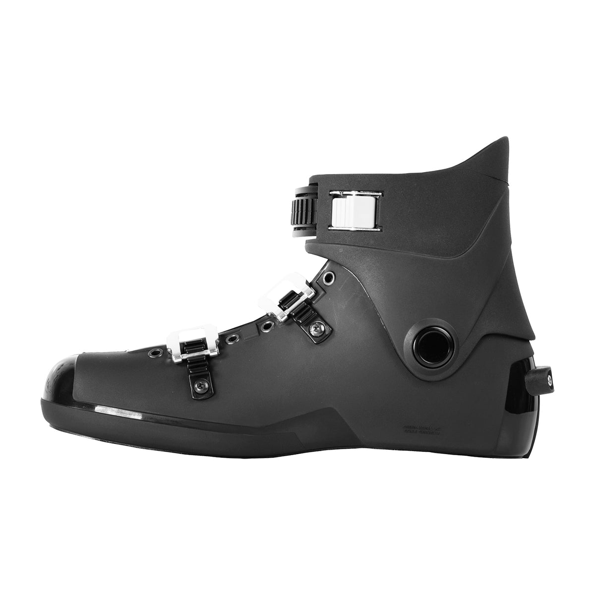 Side view of Syndicate Hardshell Boot in black with silver buckle closures and ankle strap.