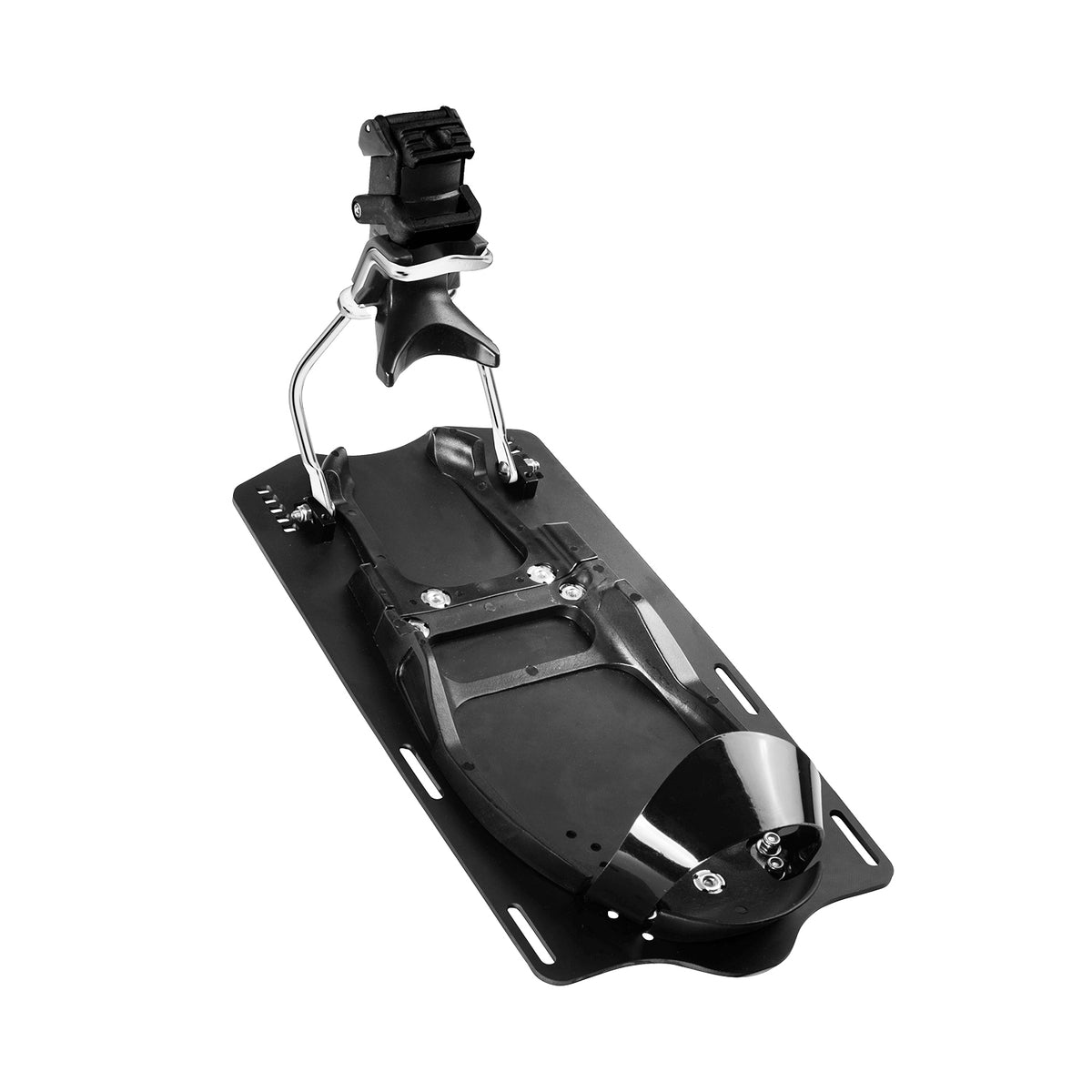 Angled view of Syndicate Hardshell Plate with Release in black with silver heel bracket and toe hoop.