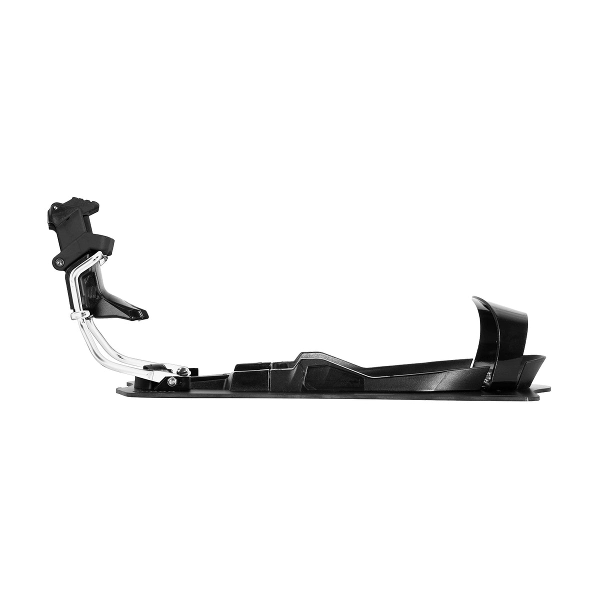 Side view of Syndicate Hardshell Plate with Release showing heel binding and silver bracket.