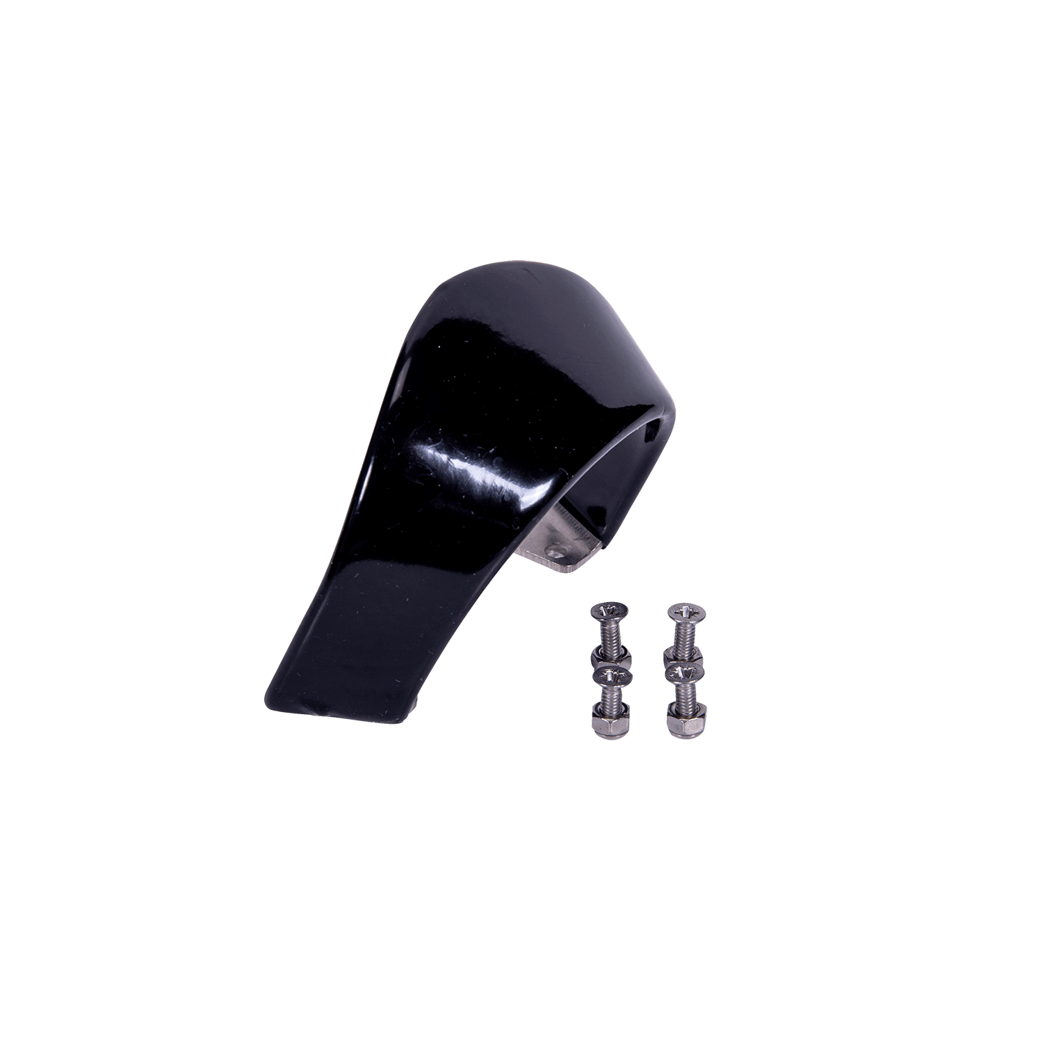 Angled view of Syndicate Hardshell Toe Loop in black with two stainless steel screws and nuts.