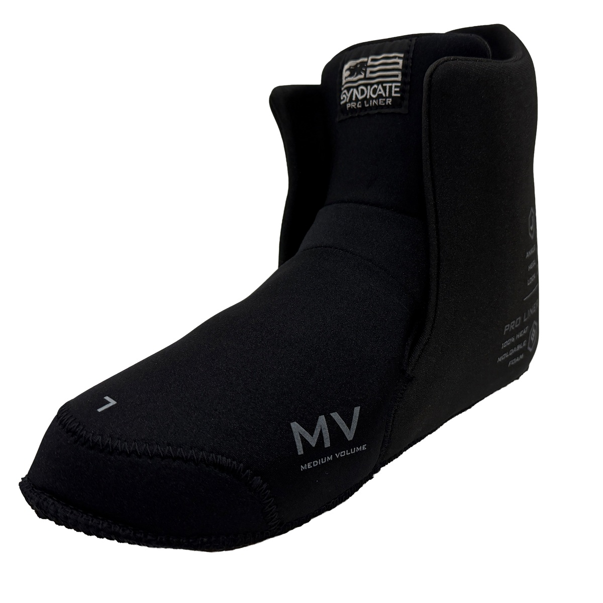 Angled view of Syndicate Hardshell Liner in black neoprene with Syndicate Pro Liner tag.