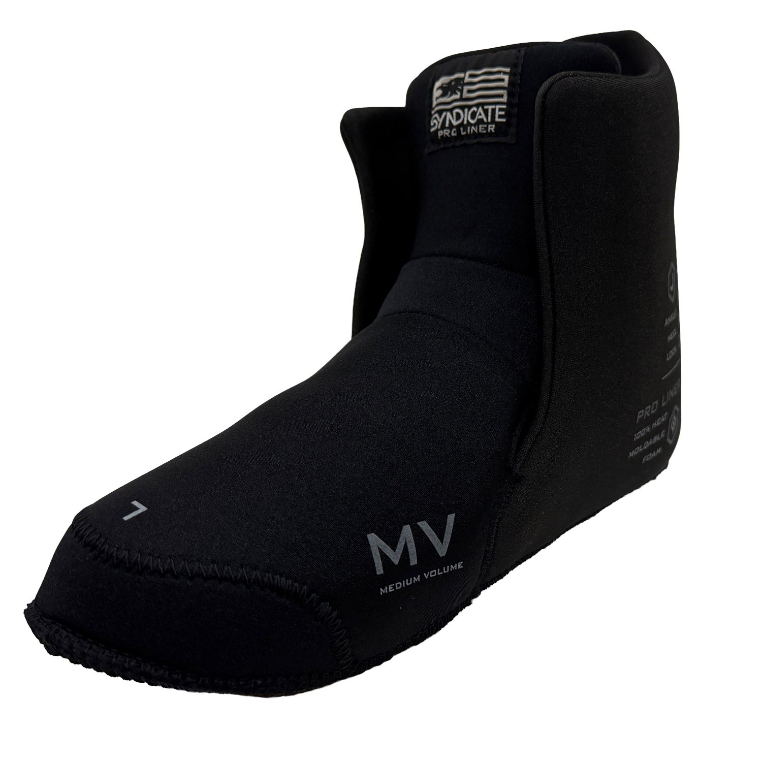 Angled view of Syndicate Hardshell Liner in black neoprene with Syndicate Pro Liner tag.