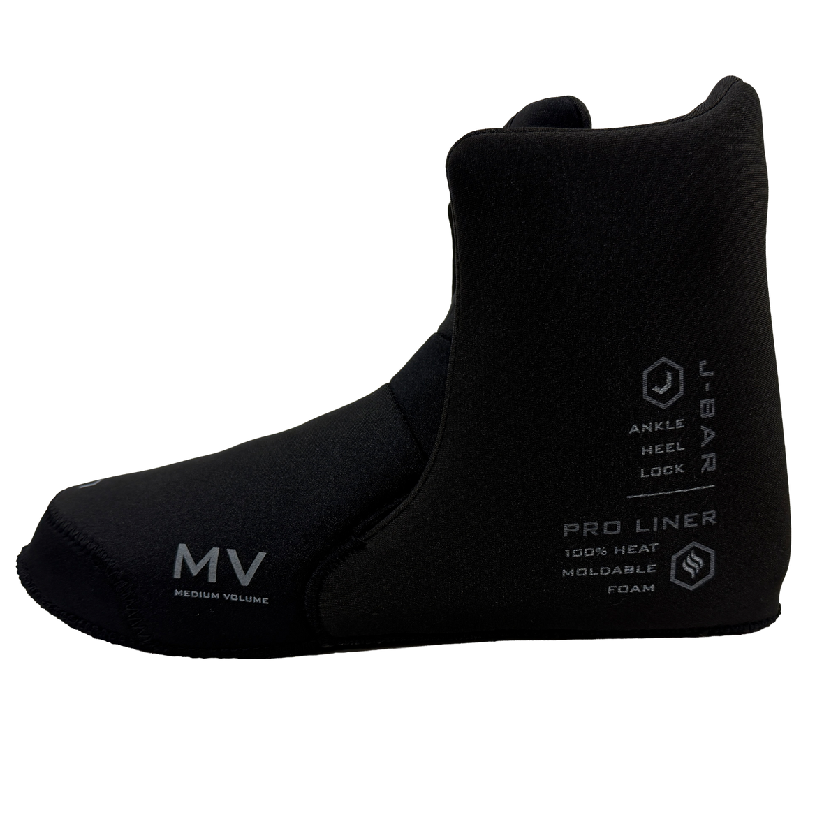 Side view of Syndicate Hardshell Liner in black showing Pro Liner and J-Bar Ankle Heel Lock text.