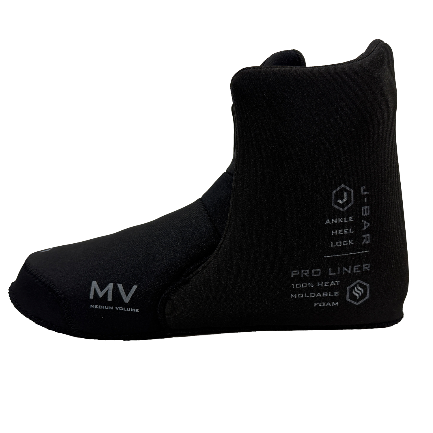 Side view of Syndicate Hardshell Liner in black showing Pro Liner and J-Bar Ankle Heel Lock text.