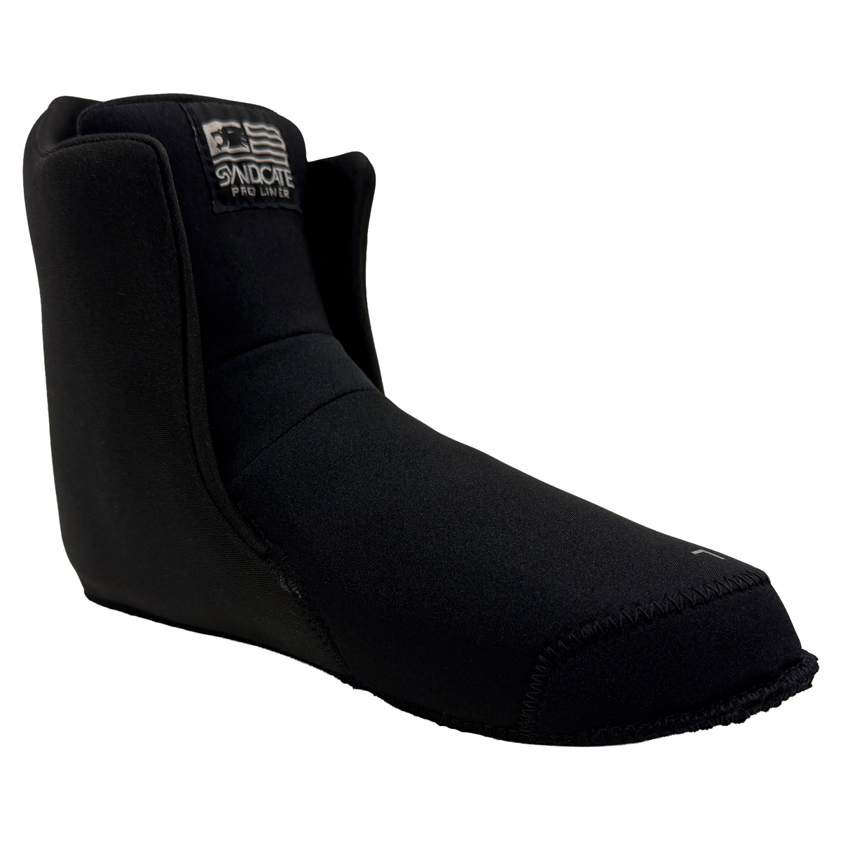 Angled view of Syndicate Hardshell Liner in black neoprene with Syndicate Pro Liner tag.