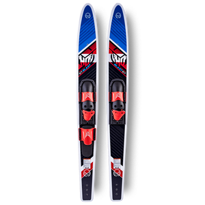 Pair of Blast Combo skis with blue and black surface, HO logo, Blast branding, and red strap bindings.
