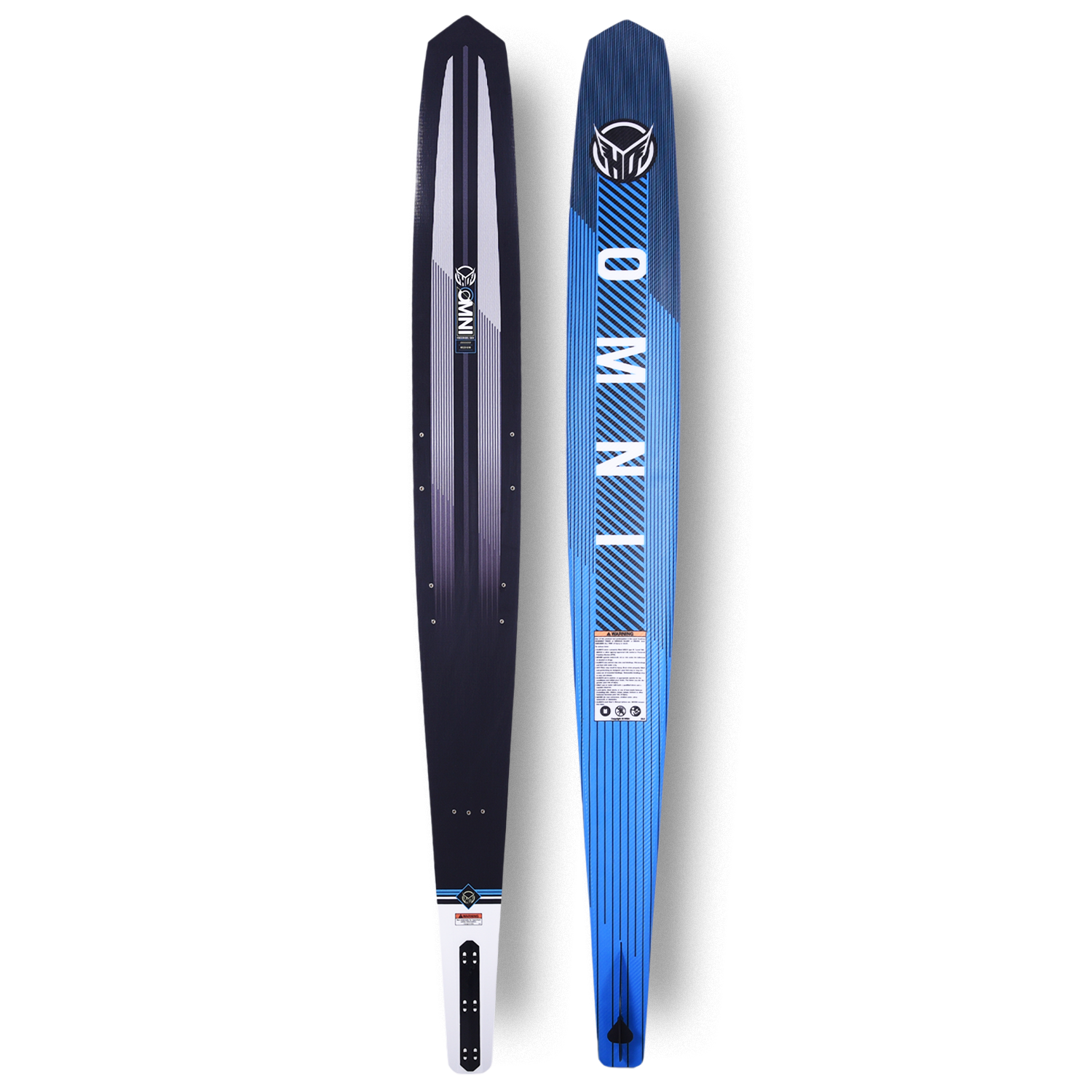 Front and back view of OMNI slalom ski with dark carbon base and blue diagonal stripe graphic.