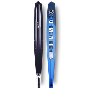 Front and back view of OMNI slalom ski with dark carbon base and blue diagonal stripe graphic.