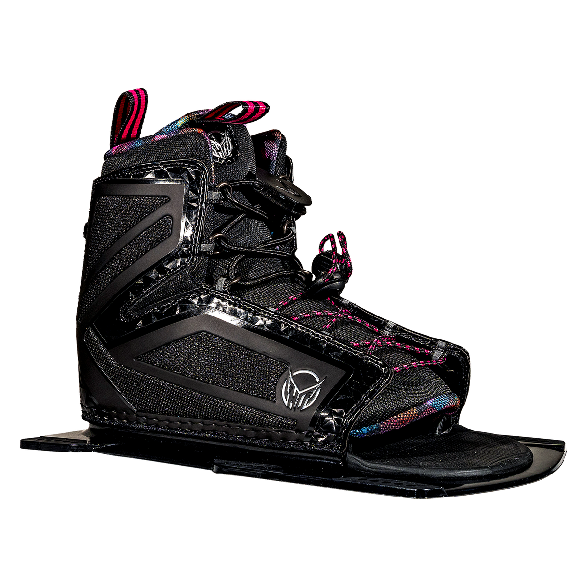 Side view of Womens Stance 110 Front ski boot in black with pink laces and iridescent accents.
