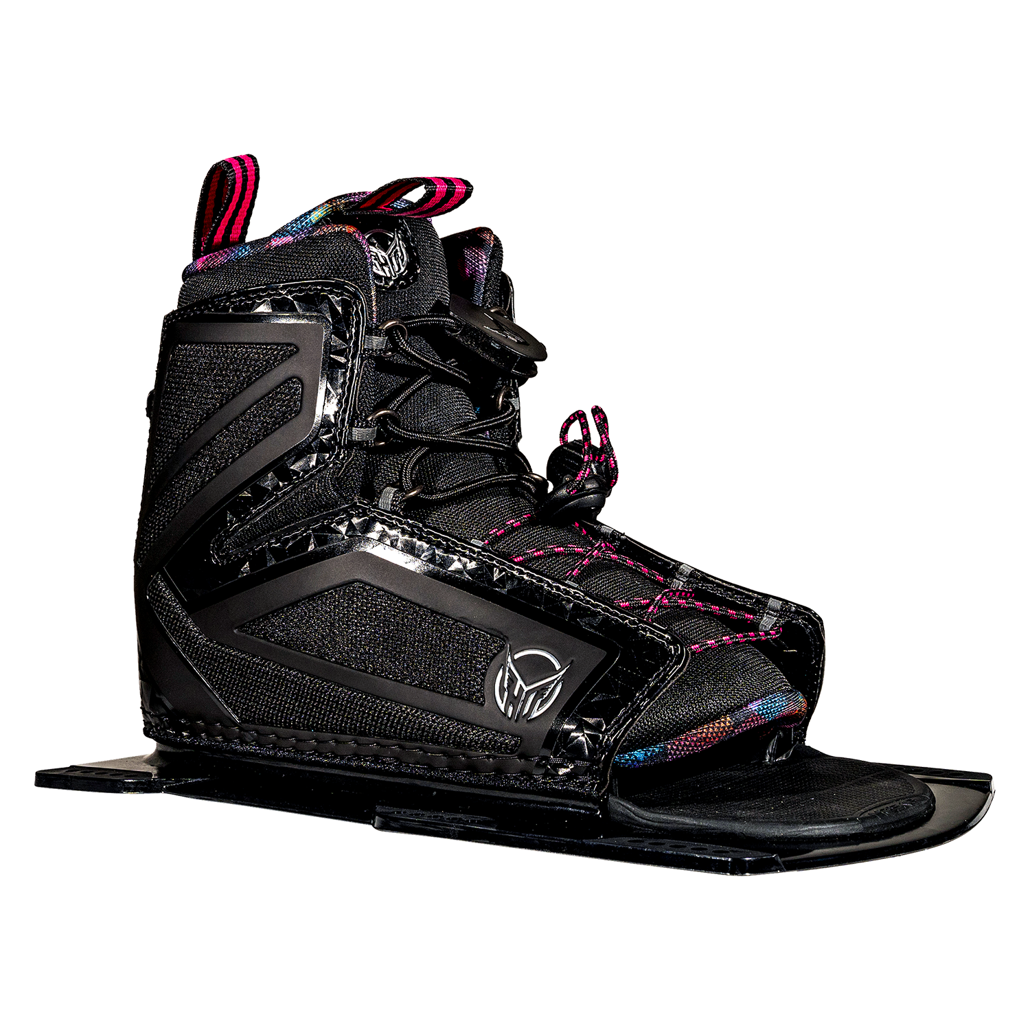 Side view of Womens Stance 110 Front ski boot in black with pink laces and iridescent accents.