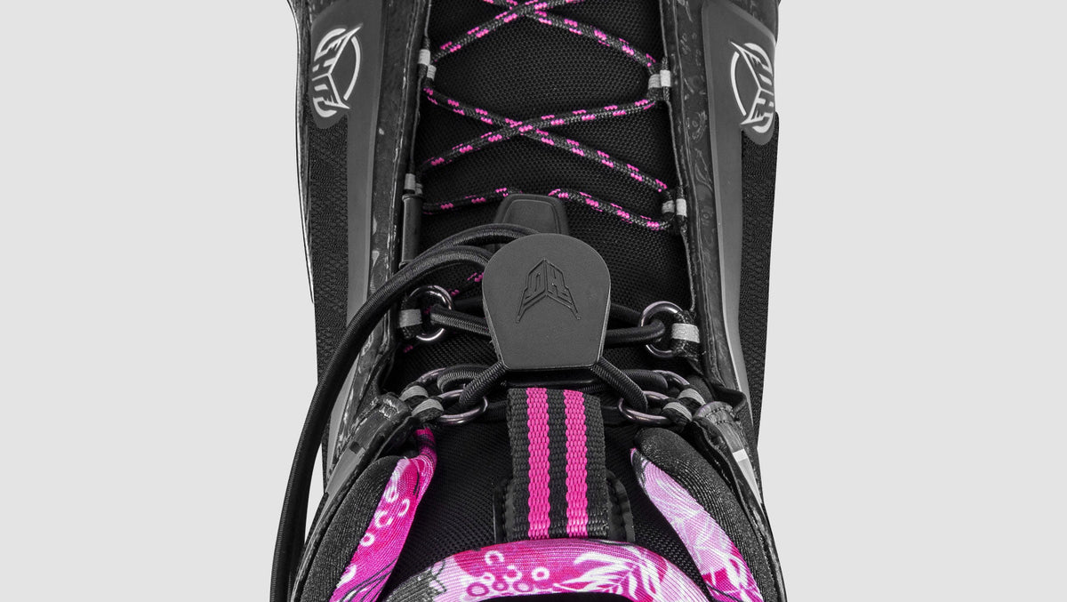 Close-up top view of Womens Stance 110 Front showing pink laces and bungee lace closure system.