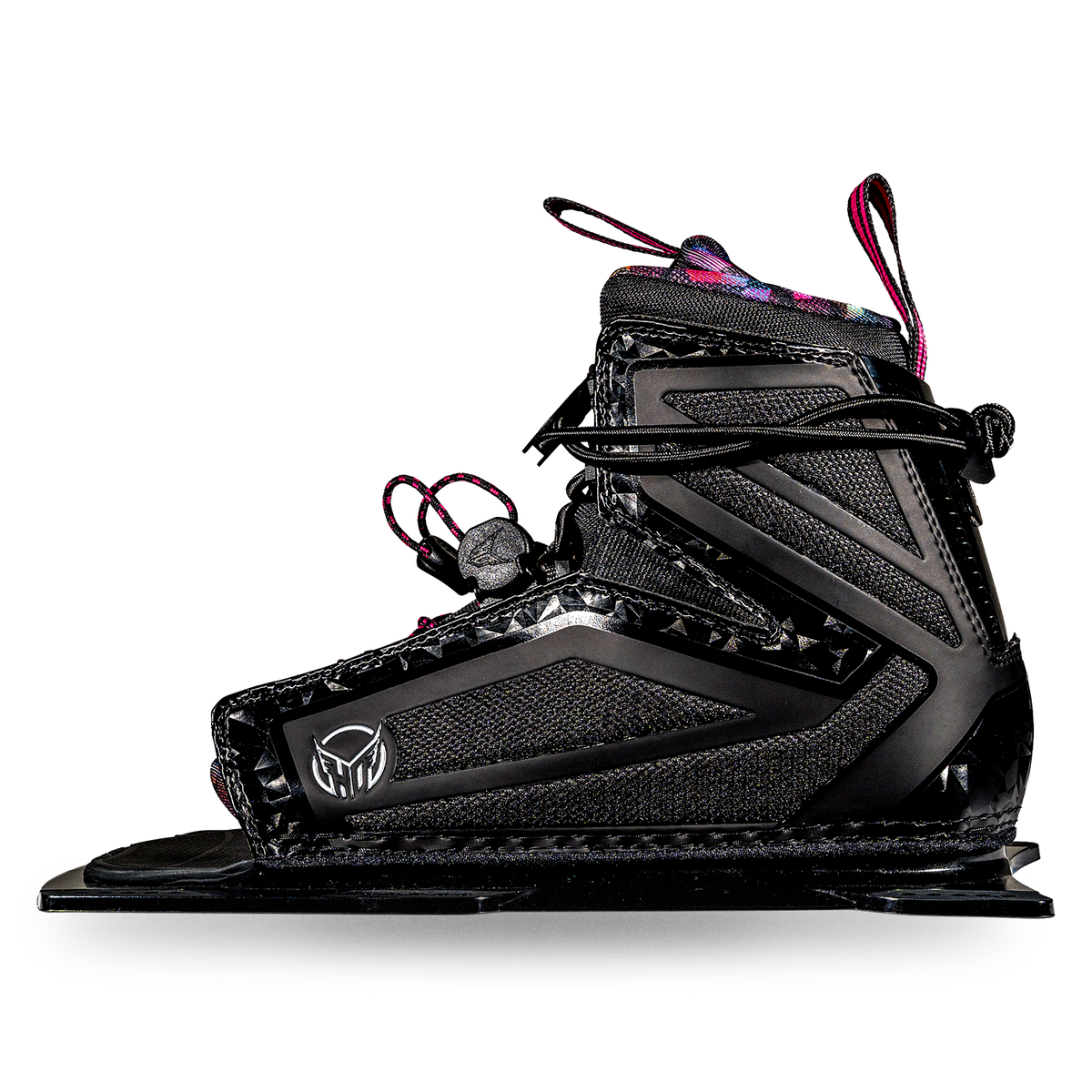 Side view of Womens Stance 110 Front ski boot in black with pink accents and HO logo badge.