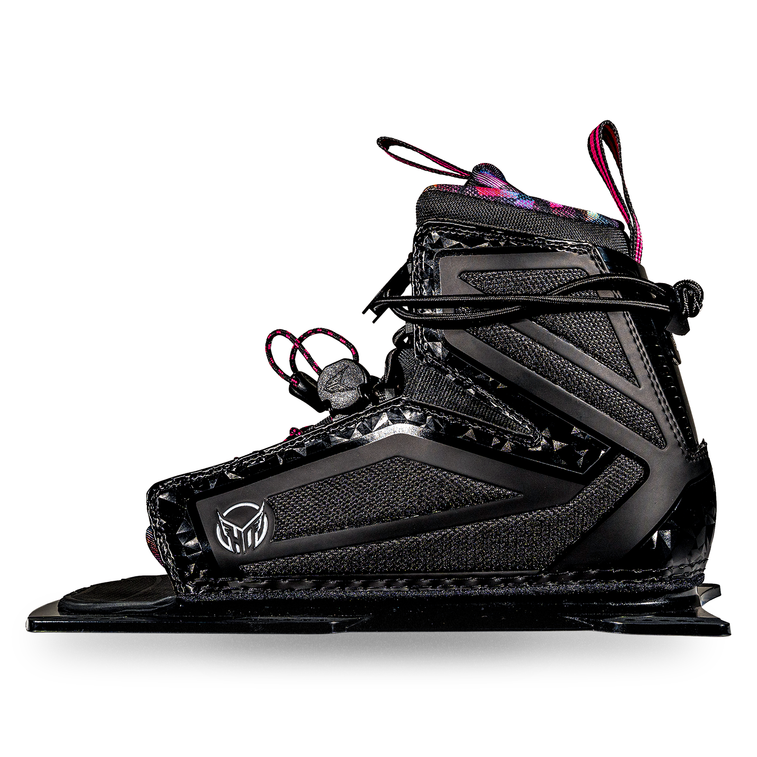 Side view of Womens Stance 110 Front ski boot in black with pink accents and HO logo badge.