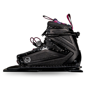 Side view of Womens Stance 110 Front ski boot in black with pink accents and HO logo badge.