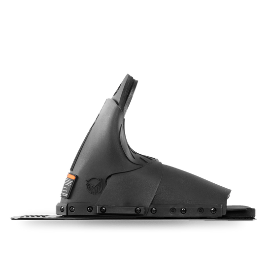 Side view of the Animal Rear boot, all-black molded hardshell on a mounting plate with HO shield logo.