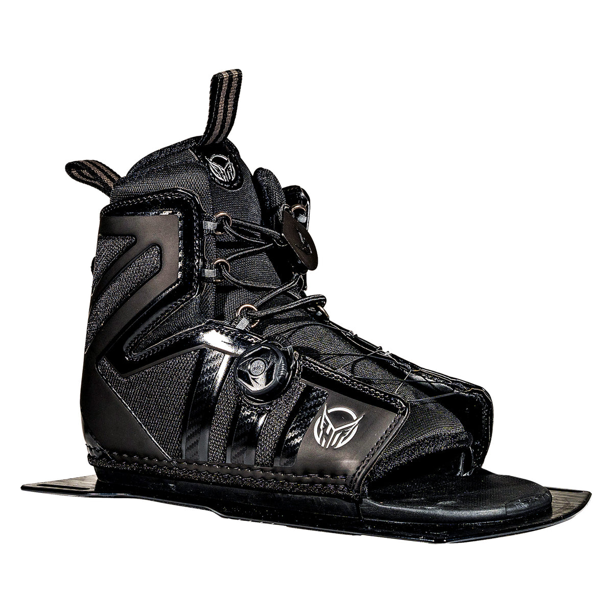 Angled front view of Stance 130 Front with ATOP in black with lace closure and HO logo on mounting plate.