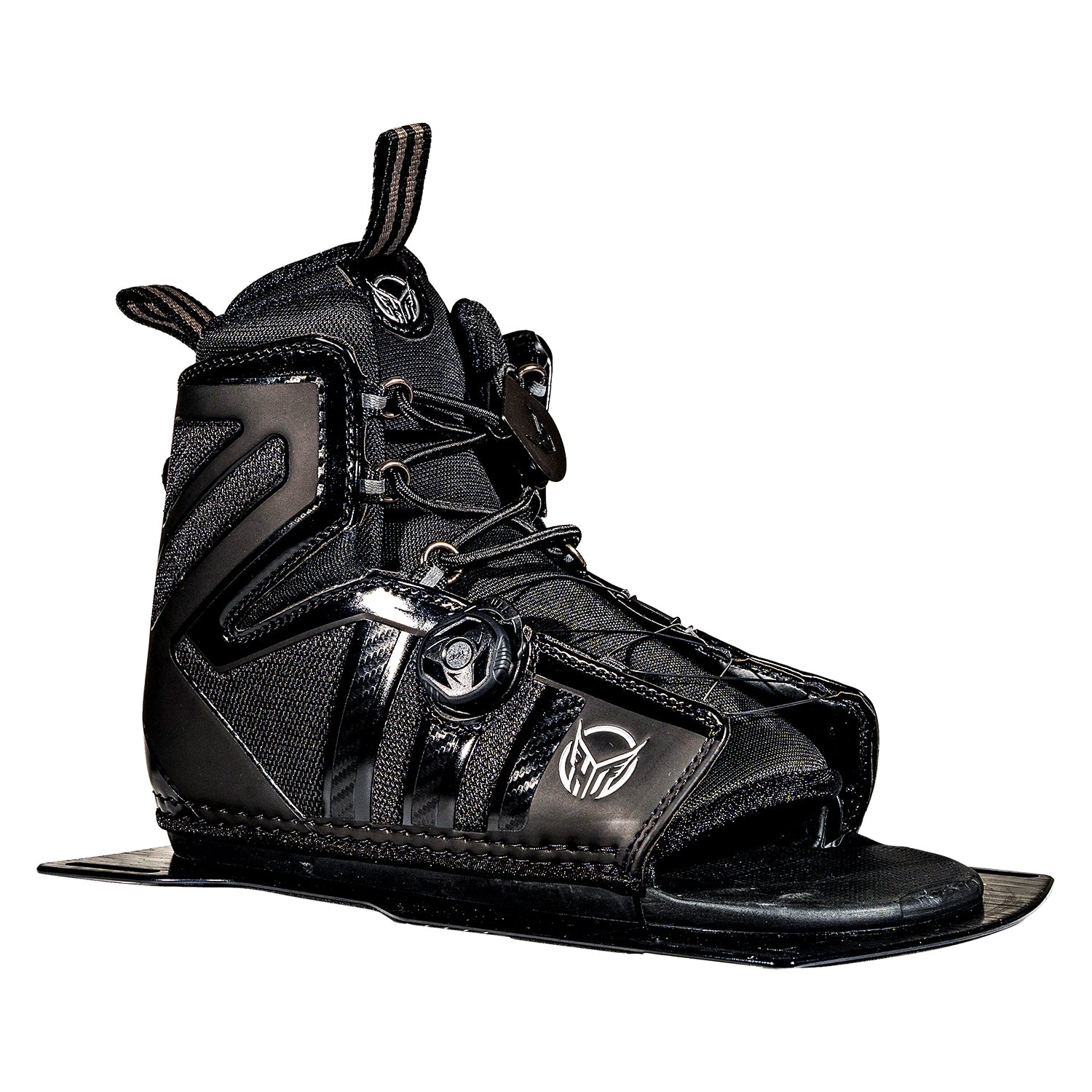 Angled front view of Stance 130 Front with ATOP in black with lace closure and HO logo on mounting plate.