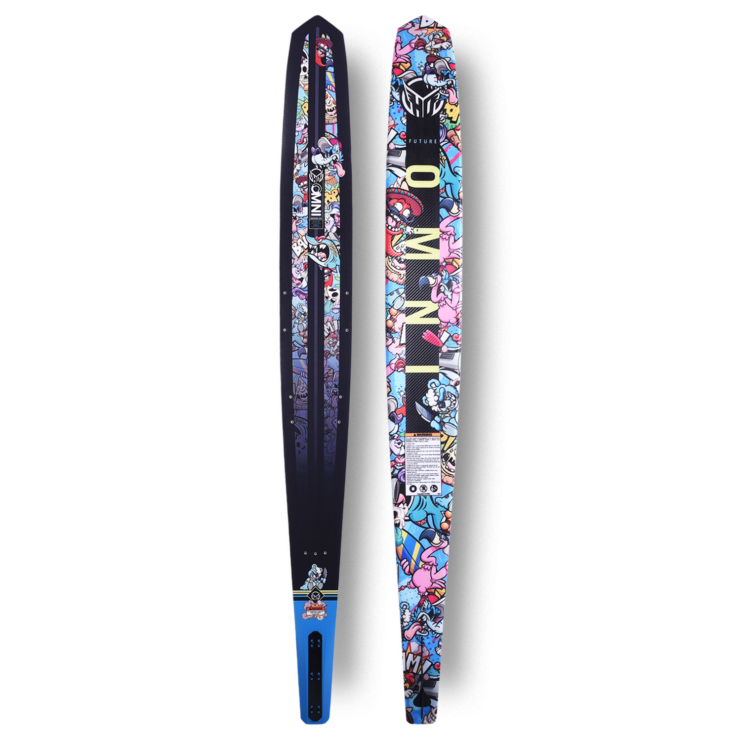 Front and back view of Future OMNI slalom ski with dark base and colorful cartoon character graphic.