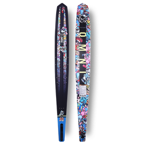 Front and back view of Future OMNI slalom ski with dark base and colorful cartoon character graphic.
