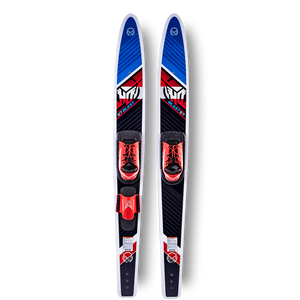 Pair of Blast Combo skis with blue and black surface, HO logo, Blast branding, and red lace-up bindings.