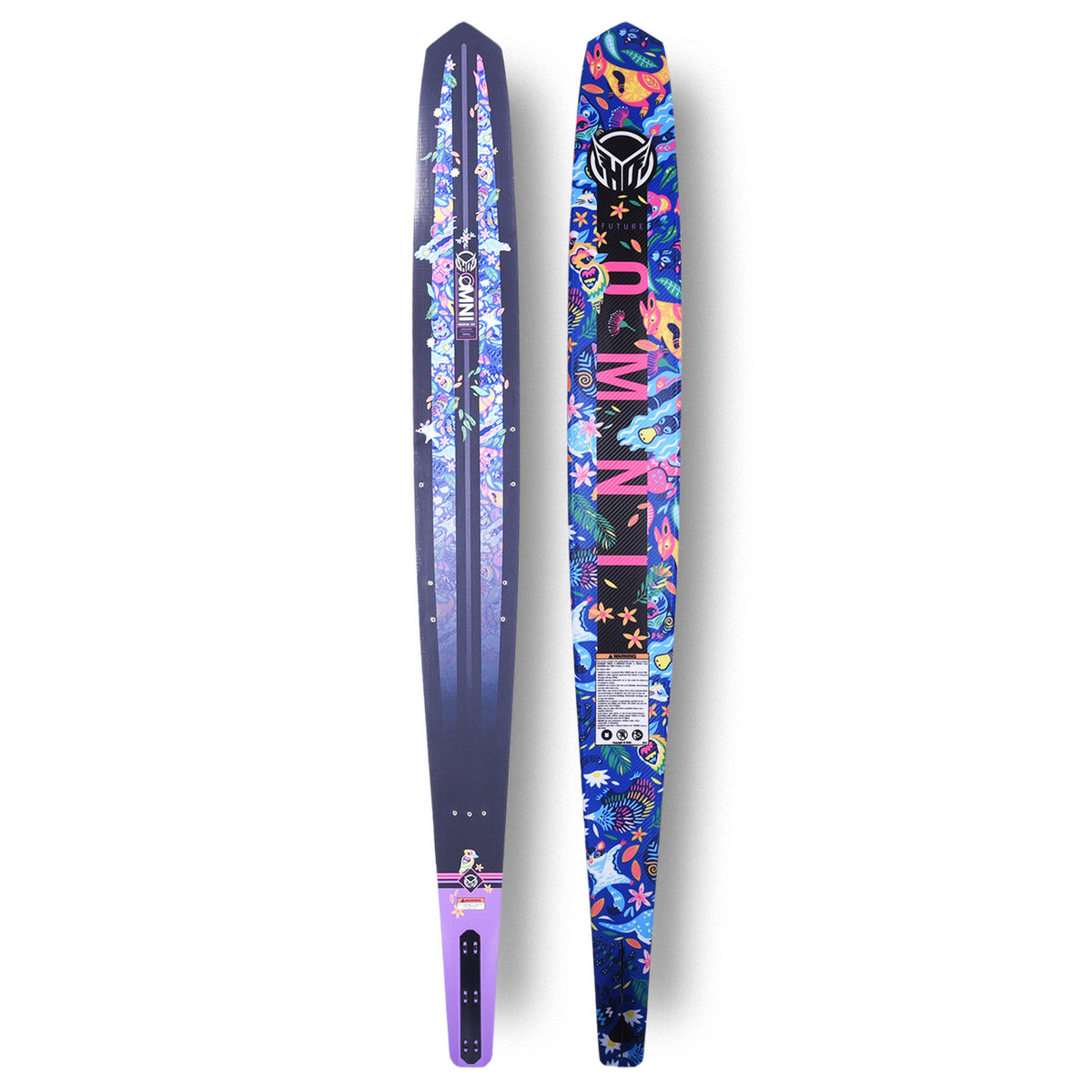 Front and back view of Future OMNI slalom ski with purple base and colorful tropical jungle graphic.