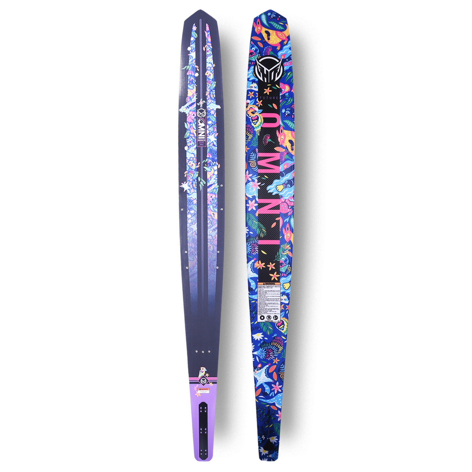 Front and back view of Future OMNI slalom ski with purple base and colorful tropical jungle graphic.