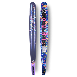 Front and back view of Future OMNI slalom ski with purple base and colorful tropical jungle graphic.
